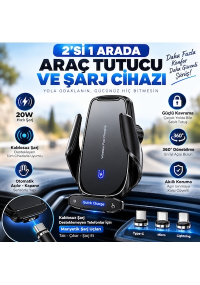 Schitec 20w Sensörlü Araç İçi Kablosuz Hızlı Şarj Aleti Ve Telefon Tutucu