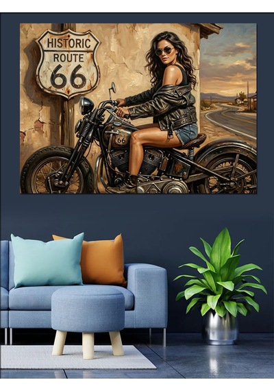 Route 66 Yolunda Motosikletli Kadın Dekoratif Kanvas - Mdf Ahşap Tablo