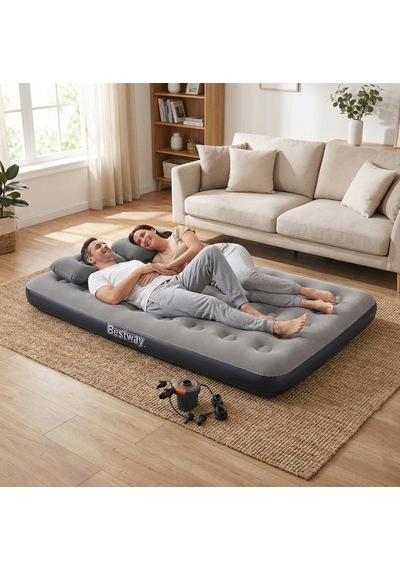Bestway Ultra Queen 2 Kişilik Şişme Yatak + Elektrikli Pompa ve Yastık Hediyeli - Gri 191x137x22 CM - 671GZ BW145