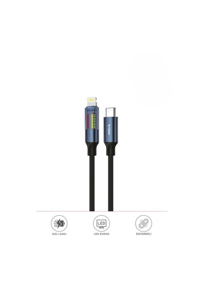 Torima U21 Type-c To Lightning 27 W Led Ekranlı Dayanıklı Örgü Hızlı Şarj Kablosu Siyah