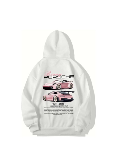 Brz Collection Unisex Oversize Berry Porsche Hoodie Beyaz Beyaz