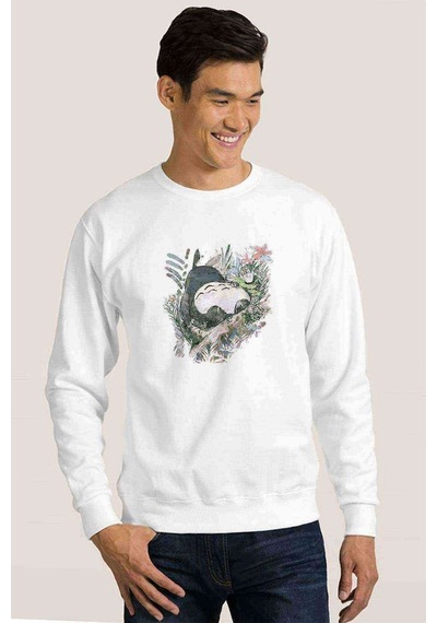 Komşum My Neighbor Totoro Baskılı Beyaz Erkek Örme Sweatshirt (530944667)