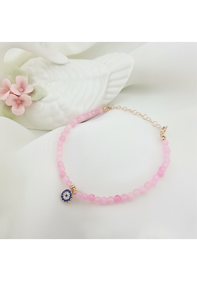 Vaoov 925 Ayar Gümüş Pembe Kuvars Taşlı Nazar Bileklik