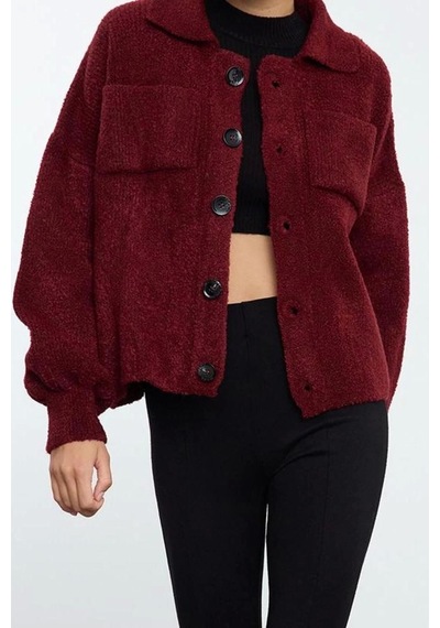 Ersefa Kadın Modern Tarz Regular Polo Yaka Regular Triko Hırka Bordo