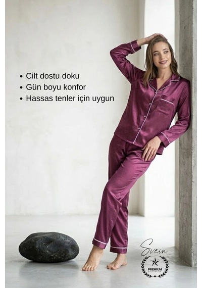 Svein Pijama Mor Saten Kadın Pijama Takımı Rahat Ev Giyim Günlük Ve Çeyizlik Nefes Alabilen Yumuşak Mor