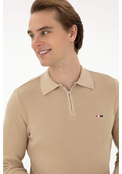 U.S. Polo Assn. Erkek Regular Fit Yarım Fermuarlı Kum Melanj Basic Kazak 50298266-VR085