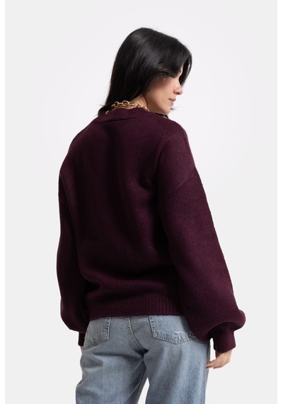 Kadın Bordo W6-57 Oversize Aksesuar Detaylı Tasarım Triko Kazak