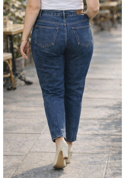 Cedy Denim Mom Fit Jean Büyük Beden Yüksek Bel Carrot Kesim Dar Paça Pileli Esnek Kot Pantolon C600 Mavi