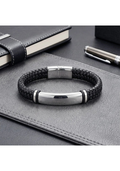Moncuk Design İsim Yazılabilir Siyah Deri Ve Beyaz Titanyum Kilit Bileklik 33513b15d3