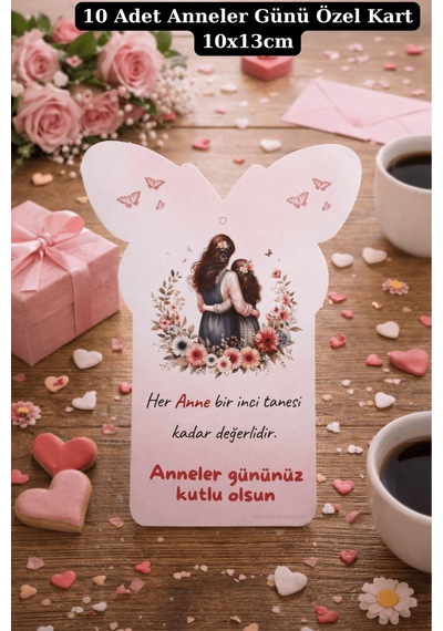 10 Adet Anne Kız Kelebek Şekilli Tebrik Kartı - Anneler Günü Hediyesi - Küpe & Anahtarlık Kartı
