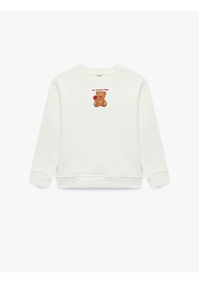 Koton Köpek Nakışlı Bisiklet Yaka Uzun Kollu Sweatshirt Ekru 7wkg10641ak