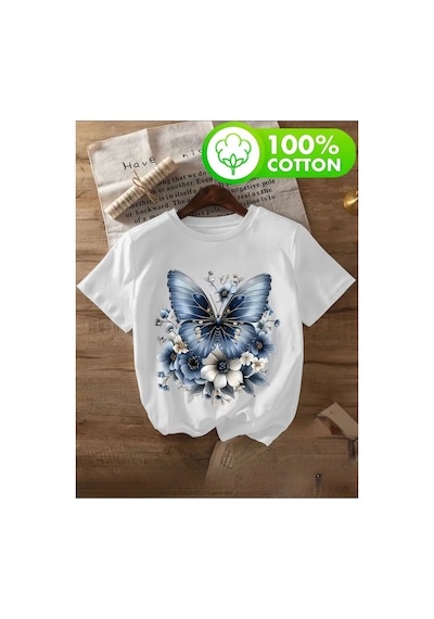 Herkesemoda Kelebek Ve Güller Baskı Detaylı Basic T-shirt Beyaz