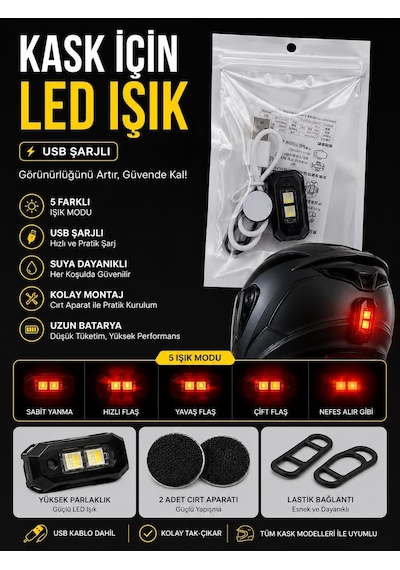 Usb Şarjlı Çakarlı Led Kask Lambası Bisiklet Motosiklet Scooter Sırt Çantası Güvenlik Işığı 5 Renk -