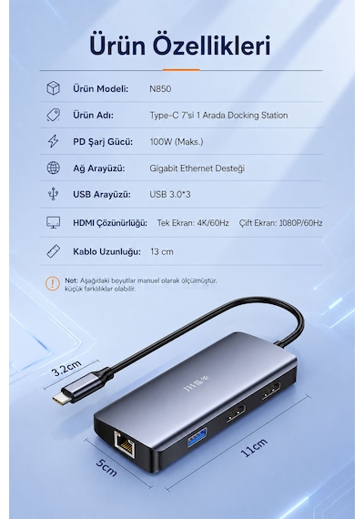 Type-c 7si 1 Arada Usb Hub Docking Station, 4k 60hz Hdmı, Gigabit Ethernet, Pd 100w Şarj, 3 Usb 3.0 Port, Çift Ekran Destekli Macbook Laptop Adaptörü N850