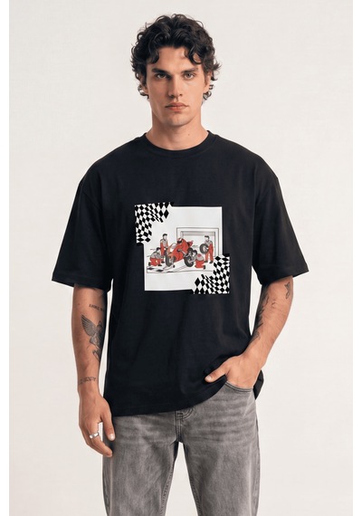 Black Nova Oversize Baskılı Unisex %100 Pamuk T-shirt Pit Stop Siyah