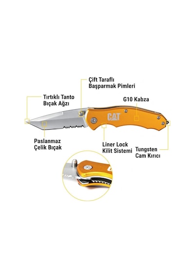 Cat Da980011 Kemer Askı Kancalı Cam Kırma Uçlu Katlanabilir 17cm Paslanmaz Çelik Sarı Kamp Çakısı