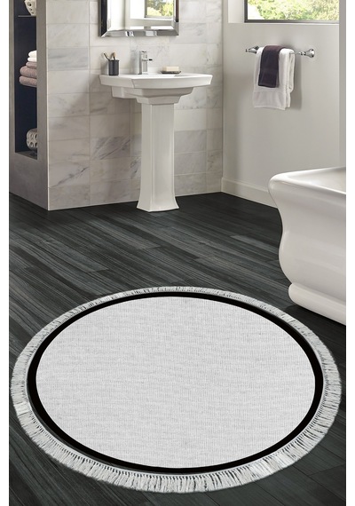 Dekoreko Kaymaz Taban Djt Banyo Mutfak Salon Halı Trend Saçaklı Yuvarlak Dokuma Desen E5001 gri