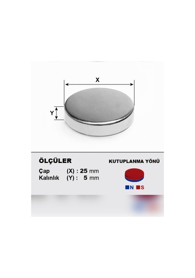 1 Adet Neodyum Mıknatıs Çap: 25mm Kalınlık: 5mm D25x5 Ndfeb Güçlü Mıknatıs