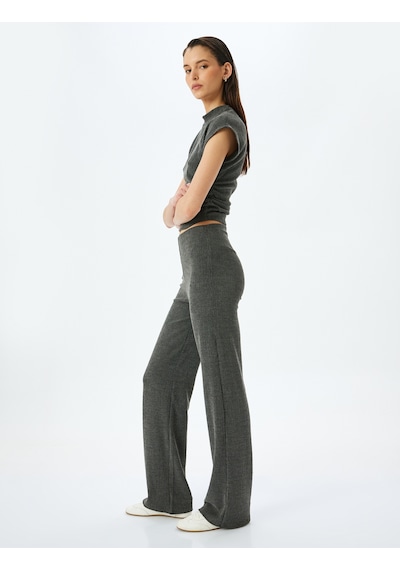 Koton Slim Fit Dokulu Yüksek Bel Bol Paça Pantolon Antrasit 5sak40023ek Antrasit