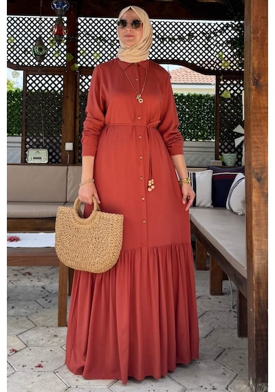 Rabia Şamlı Süreyya Gömlek Elbise Kiremit Normal