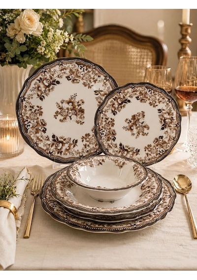 Porser Porselen Velour Brown Fulya Yemek Seti 6 Kişilik 24 Parça Kahverengi