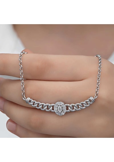 Gümüş Gurmet Zincirli Oval Baget Taşlı Kadın Kolye Gri