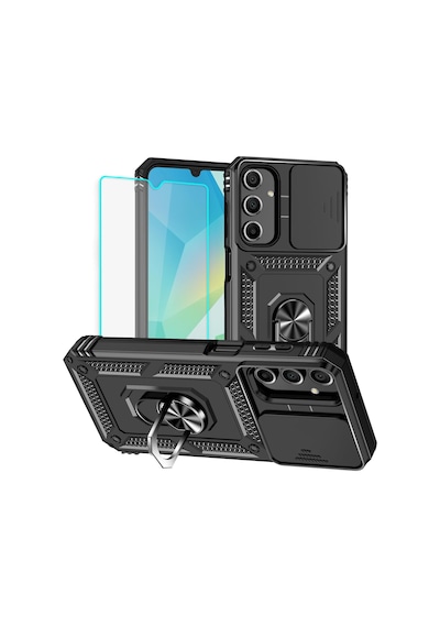 Samsung Galaxy A16 Uyumlu Kamera Sürgülü Tank Kılıf Ve Temperli Cam Ekran Koruyucu Set Siyah