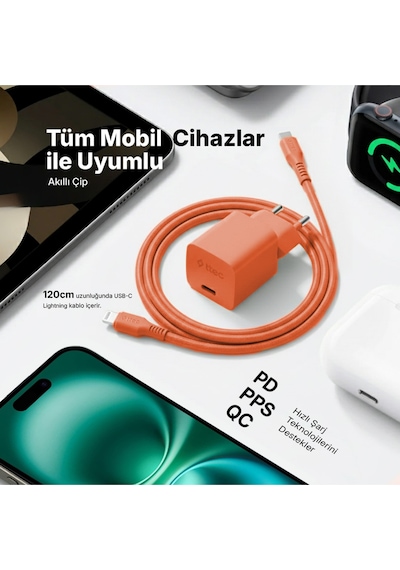 Ttec Smartcharger Gan 20w Pd Seyahat Hızlı Şarj Aleti + Usb-c - Lightning 120cm Kablo Neon Turuncu
