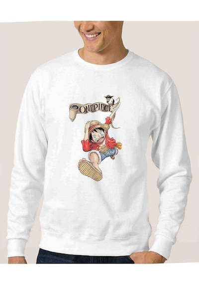 Anime One Piece Monkey Baskılı Beyaz Erkek Örme Sweatshirt (528482116)