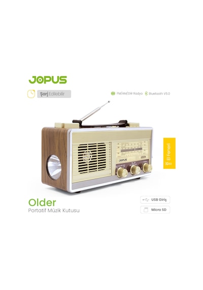 Jopus Nostaljik Görünümlü El Fenerli Radyolu Bluetooth Hoparlör Older