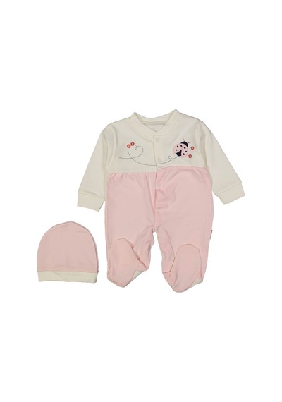 Bebegen Kız Bebek Pudra Ekru Uğur Böceği Nakışlı Bereli Eldivenli Tulum Çok Renkli