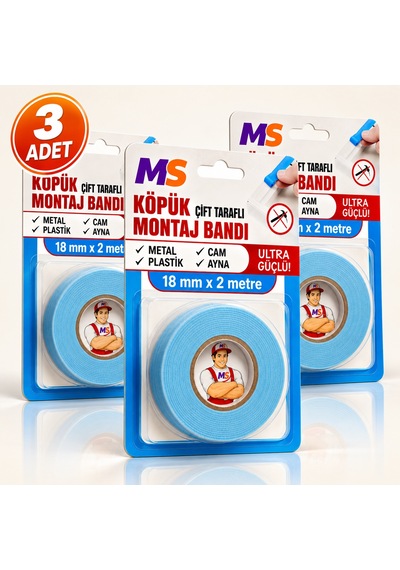 3 Adet Ultra Güçlü 18 Mm X 2 Metre Çift Taraflı Köpük Montaj Bandı Metal Plastik Cam Bantı Bantları