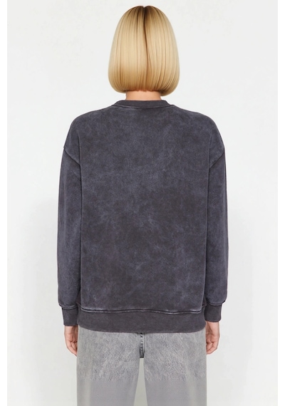 Benerly Kadın Bisiklet Yaka Düşük Kol Eskitme Efektli Regular Sweatshirt Antrasit
