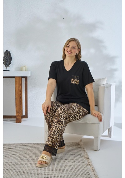 Sevim Kadın Büyük Beden Kısa Kol Siyah Pijama Takım C6t5n841 001