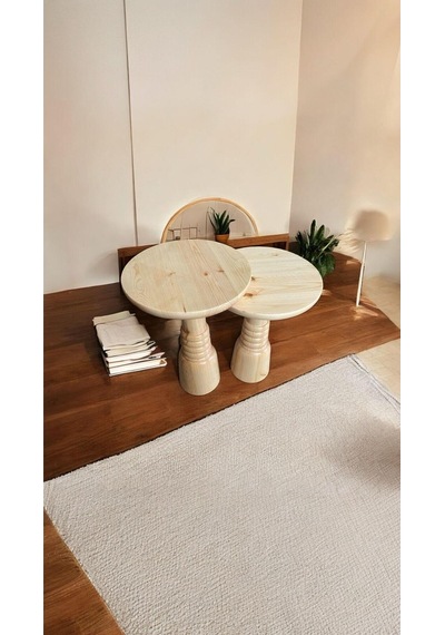 Wood Ahşap 2'li Set Boğumlu Mantar Yan Sehpa Modern Fiskos / Naturel Renk / Zigon Sehpa Vernikli Kahverengi