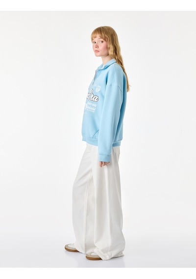 Koton Şardonlu Yarım Fermuarlı Dik Yaka Uzun Kollu Baskılı Sweatshirt Mavi 7wal10202ık