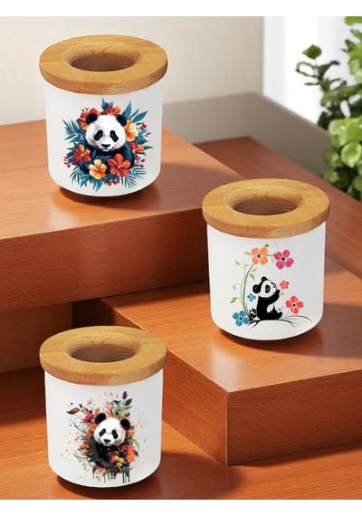 Panda Ve Çiçek Baskılı 3'lü Ahşaplı Seramik Masaüstü Kalemlik Kalem Kutusu Ofis Hediyesi Beyaz