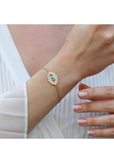 Göz Modeli Turkuaz Taşlı Gold Kaplama Gümüş Bileklik Gümüş