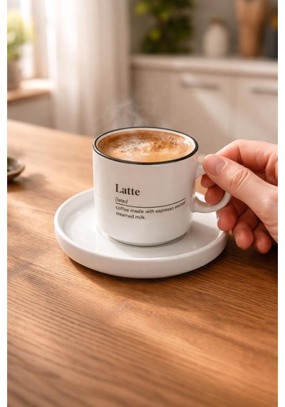 Latte Yazılı Kahve Fincanı Ve Tabağı Siyah Çerçeve Detaylı Modern Tasarım Kahve Kupası Bardağı Beyaz