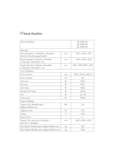 Vestel AF-7684 YS 70 L Ankastre Fırın