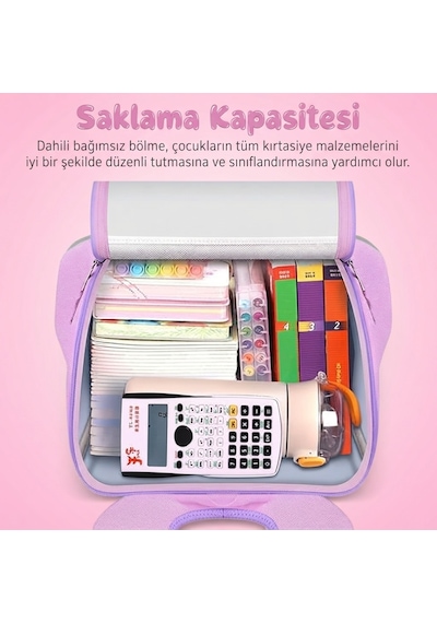Unicorn 3D Desenli Kız Çocuk Kreş ve Anaokulu Okul Çantası Mor Açık Pembe