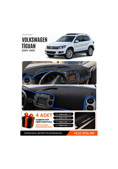 Volkswagen Tiguan 2007-2015 Uyumlu Torpido Örtüsü, Torpido Kılıfı - Siyah Mavi