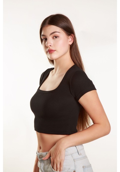 Mea Capio Kadın Fitilli Crop Kare Yaka Fitilli Kısa Kollu T-shirt Atlet Siyah