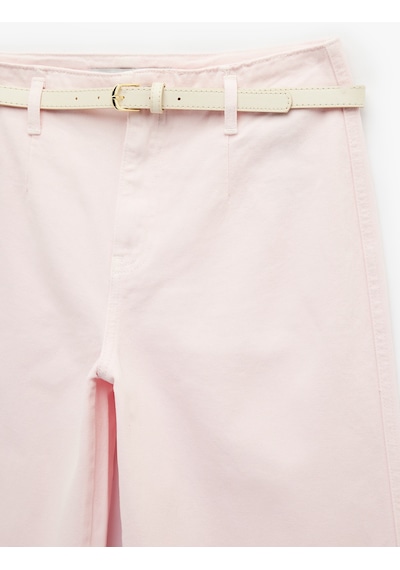 Koton Kemer Detaylı Pamuklu Kısa Geniş Paça Pantolon - Wide Leg Jeans Pembe 6sal40052mw Gül