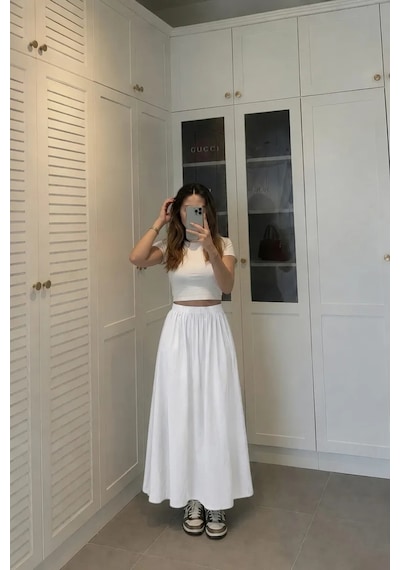 Kadın Beyaz Poplin Kumaş Uzun Etek Beli Lastikli Günlük Maxi Etek 90 Cm