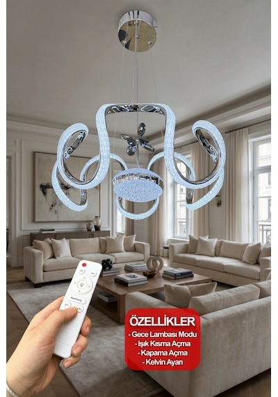 Eliza Tek Top Simli Modern Sarkıt Oturma & Salon Led Avizesi Krom