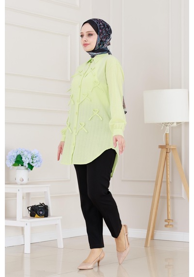 Sevitli Önü Fiyonk Detaylı Keten Tunik-sarı-5112 Sarı