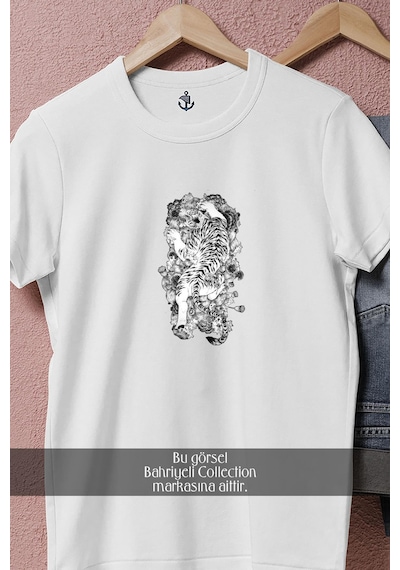 Oversize Çin Beyaz Kaplanı Tasarımlı Unisex T-shirt Beyaz