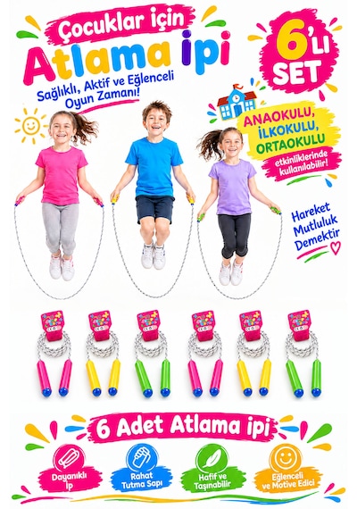 6 Adet - Çocuklar Için Özel 2 Metre Doğal Örgü Atlama İpi