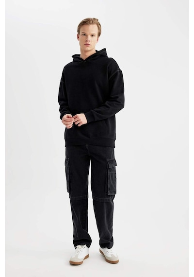DeFacto Comfort Regular Fit Rahat Kalıp Kapüşonlu Kanguru Cepli Basic Düz Sweatshirt B4446AX24SPBK81